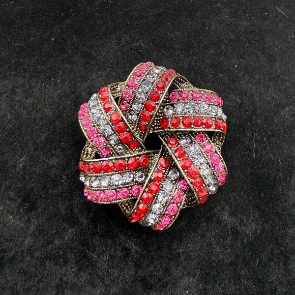 Monet Signed Designer High End Red Gray Pink Rhinestones Swirls Brooch - Picture 1 of 3